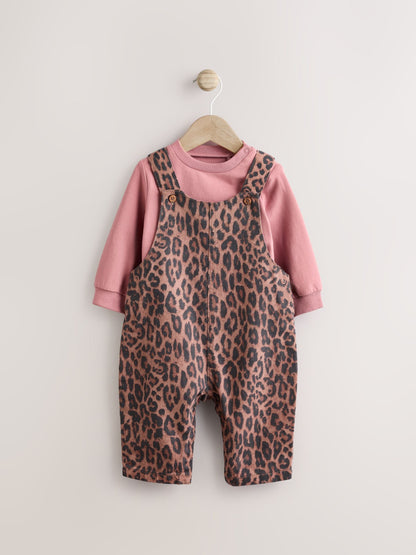 Tan Brown Leopard Print Long Sleeve Baby Bodysuit & Dungarees Set (0mths-2yrs)