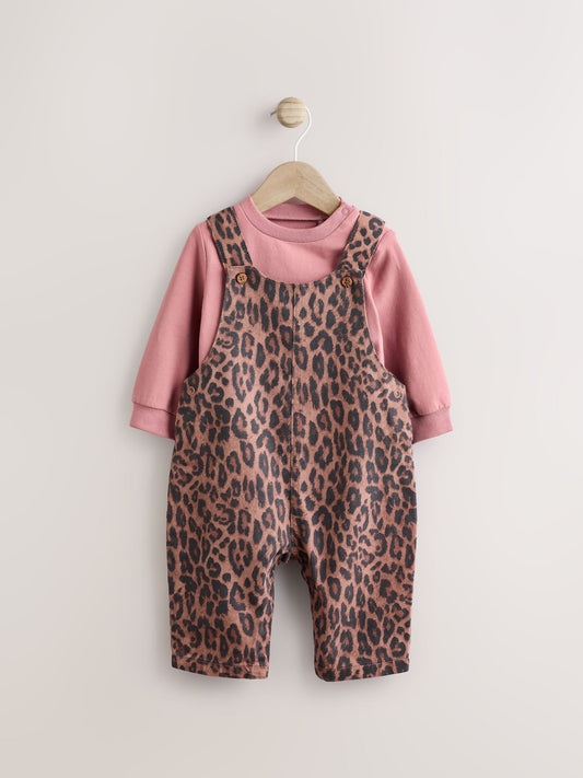 Tan Brown Leopard Print Long Sleeve Baby Bodysuit & Dungarees Set (0mths-2yrs)
