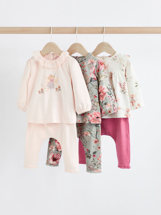 Pink/Green/White Floral Fairy Long Sleeve Top And Leggings 6 Piece Set (0mths-3yrs) image 1
