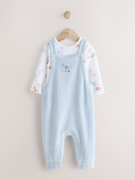 Blue Elephant Print Baby Velour Dungarees and Bodysuit Set (0mths-3yrs)