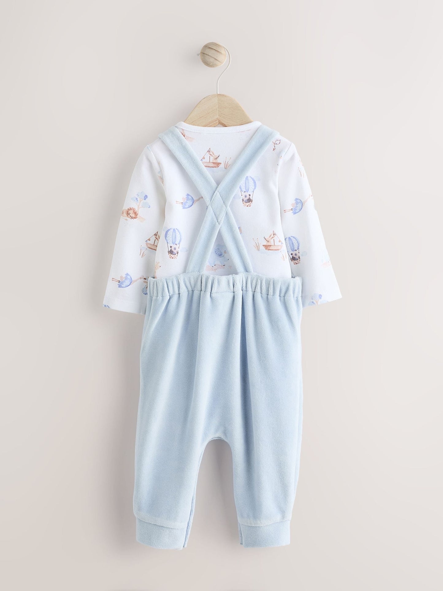 Blue Elephant Print Baby Velour Dungarees and Bodysuit Set (0mths-3yrs)