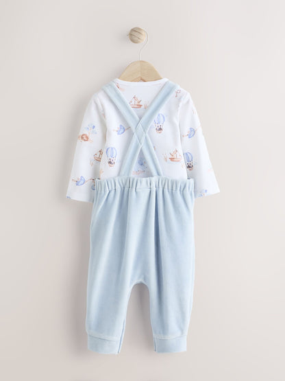 Blue Elephant Print Baby Velour Dungarees and Bodysuit Set (0mths-3yrs)