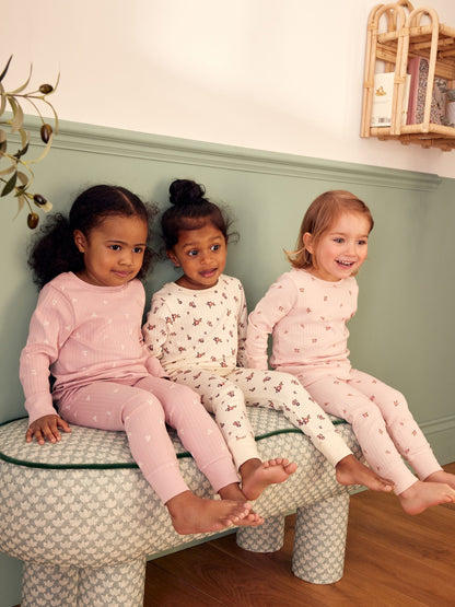 Pink/ White Ditsy Rib Snuggle Pyjamas 3 Pack (9mths-12yrs)