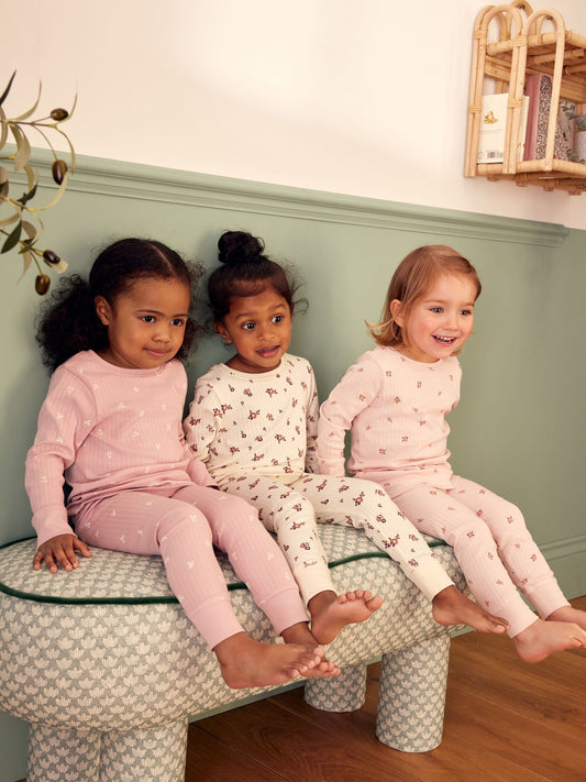 Pink/ White Ditsy Rib Snuggle Pyjamas 3 Pack (9mths-12yrs)