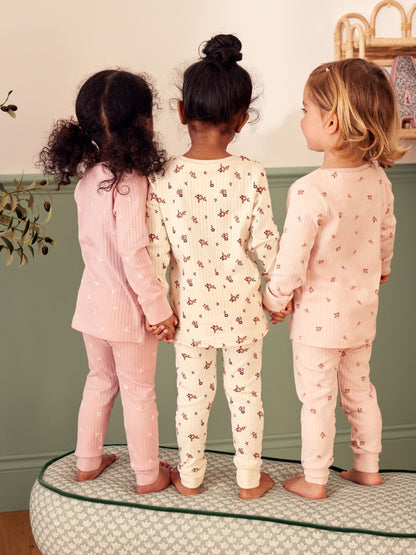Pink/ White Ditsy Rib Snuggle Pyjamas 3 Pack (9mths-12yrs)
