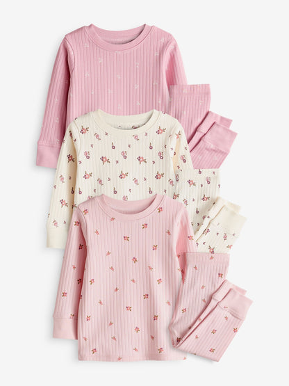 Pink/ White Ditsy Rib Snuggle Pyjamas 3 Pack (9mths-12yrs)