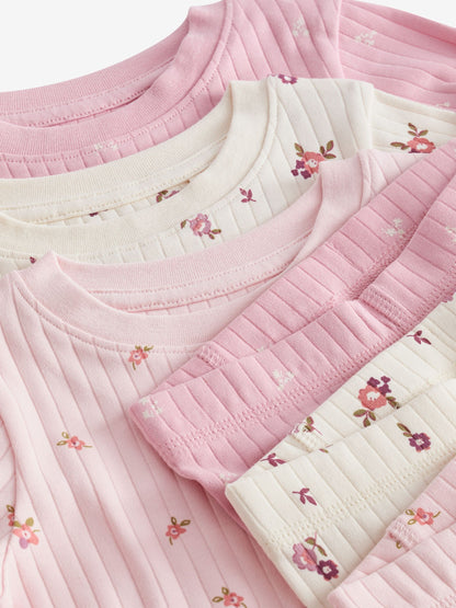 Pink/ White Ditsy Rib Snuggle Pyjamas 3 Pack (9mths-12yrs)