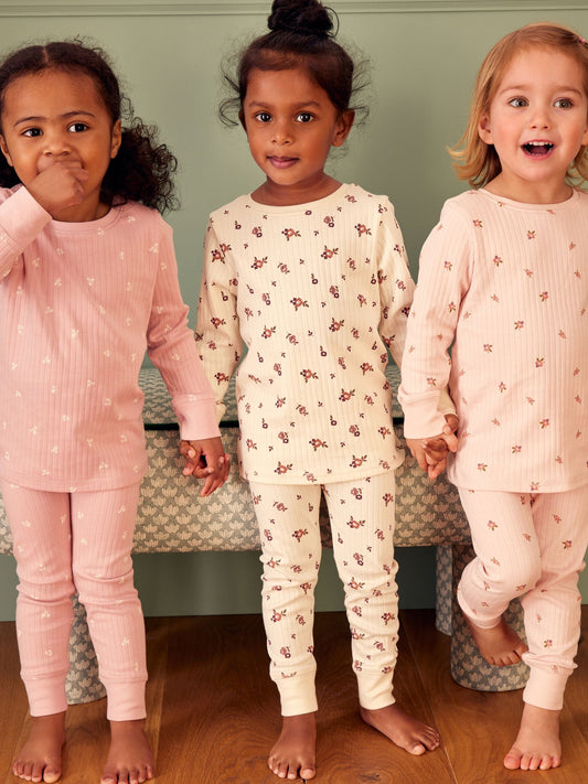 Pink/ White Ditsy Rib Snuggle Pyjamas 3 Pack (9mths-12yrs)