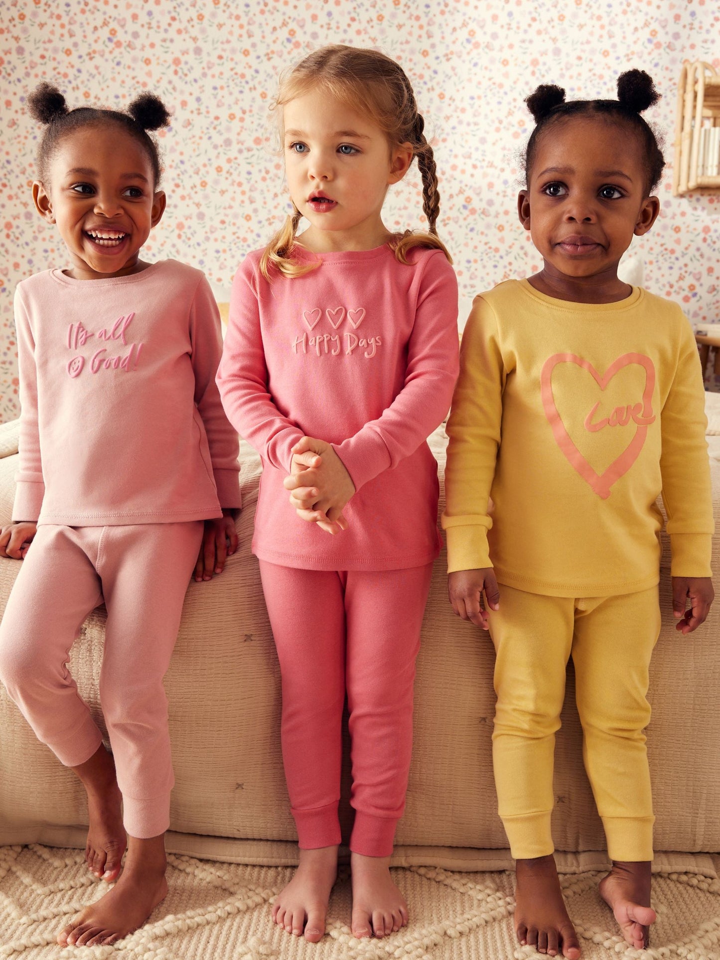 Pink/Yellow Slogan Printed Snuggle Pyjamas 3 Pack (9mths-12yrs)