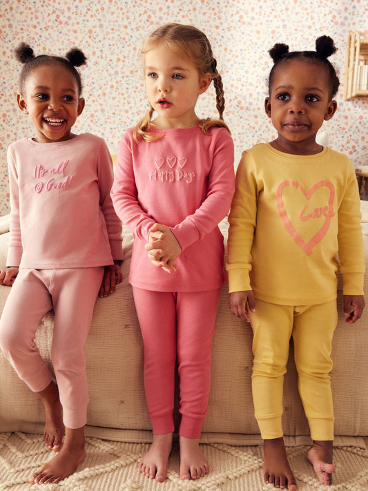 Pink/Yellow Slogan Printed Snuggle Pyjamas 3 Pack (9mths-12yrs)