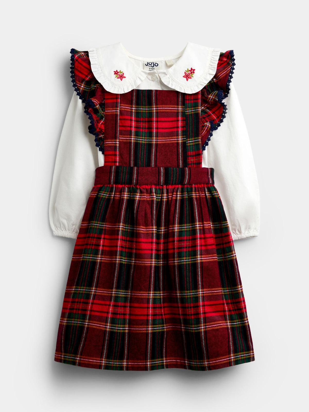 JoJo Maman Bébé Burgundy Red Tartan Embroidered Pinny Dress & Blouse Set - image 1