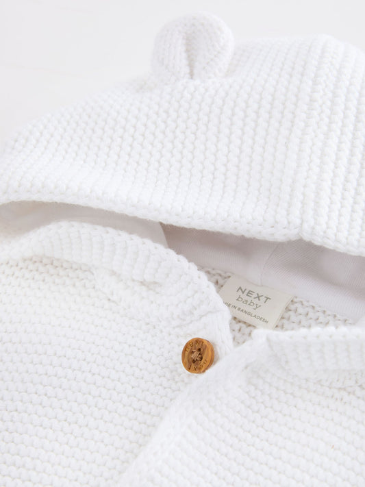 White Knitted Hooded Baby Cardigan