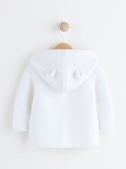 White Knitted Hooded Baby Cardigan