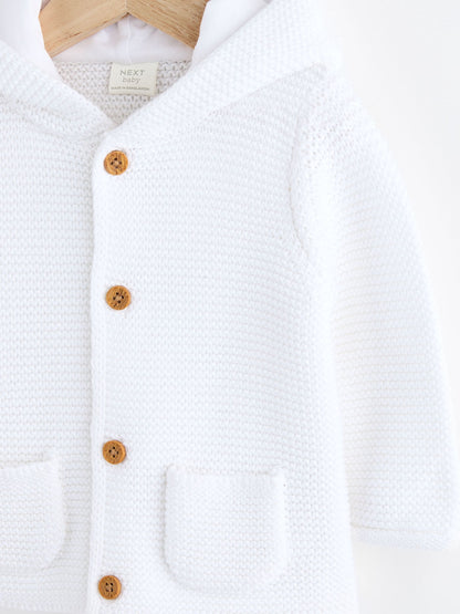 White Knitted Hooded Baby Cardigan