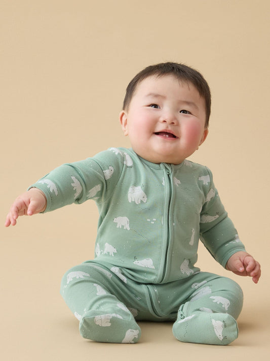 MORI Green Polar Bear Soft Cotton Two Way Zip-Up Sleepsuit - image 1