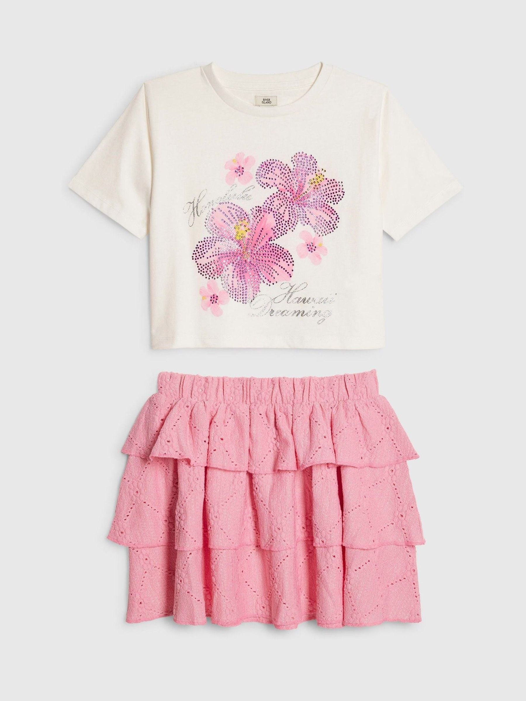 Dsiney Kidz - River Island Pink Floral T-Shirt & Rara Skirt Set image 1