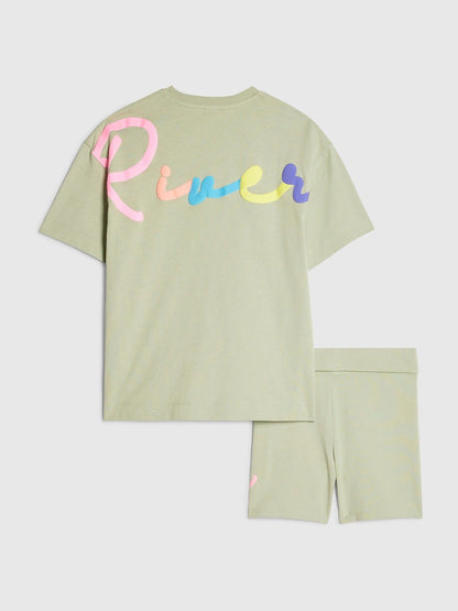 Dsiney Kidz - River Island Green River Logo T-Shirt & Cycle Shorts Set image 1