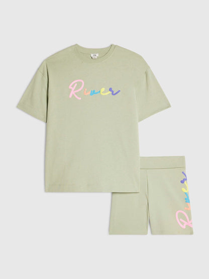 Dsiney Kidz - River Island Green River Logo T-Shirt & Cycle Shorts Set image 2