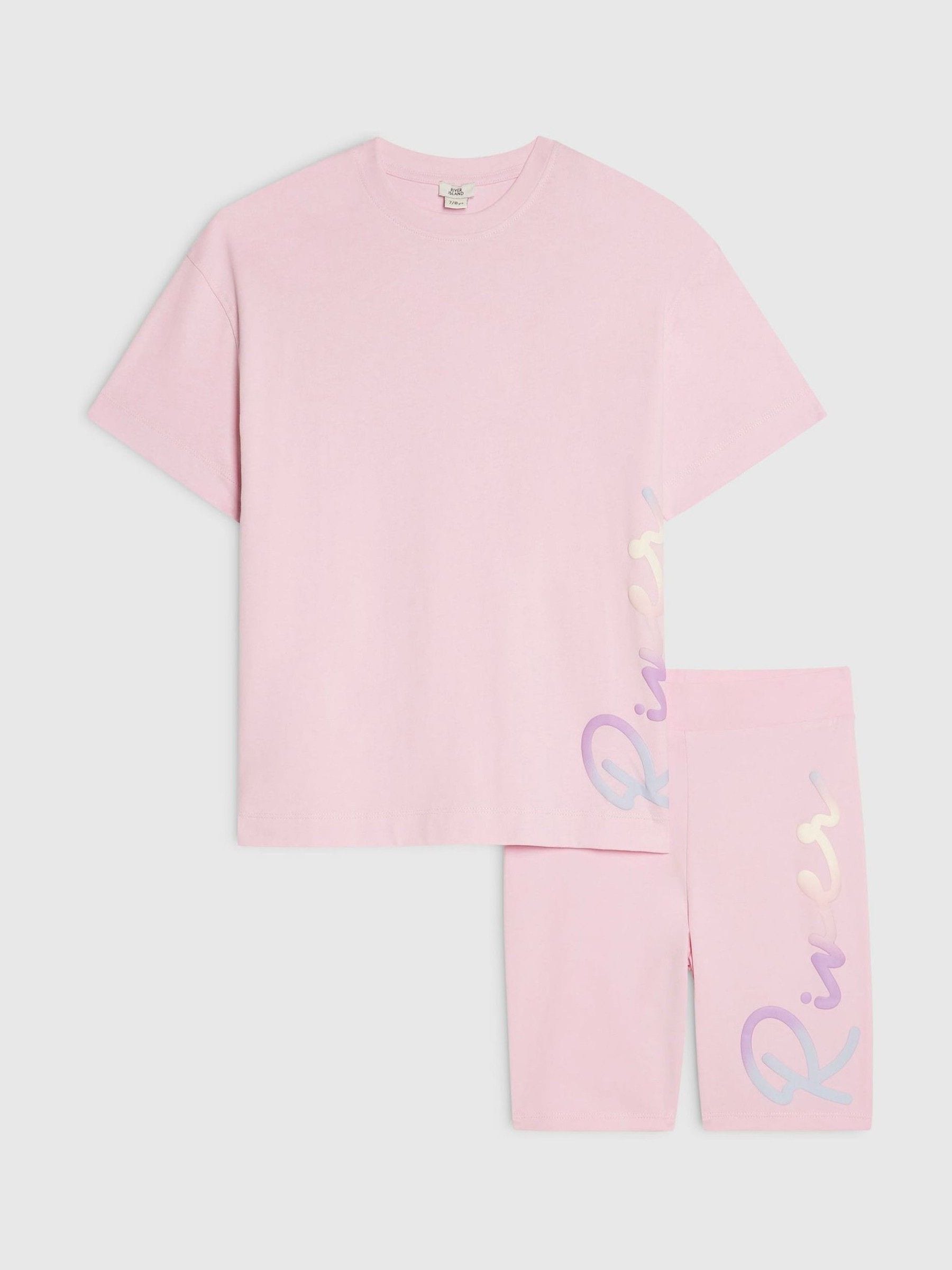 Dsiney Kidz - River Island Pink River Logo T-Shirt & Cycle Shorts Set image 1