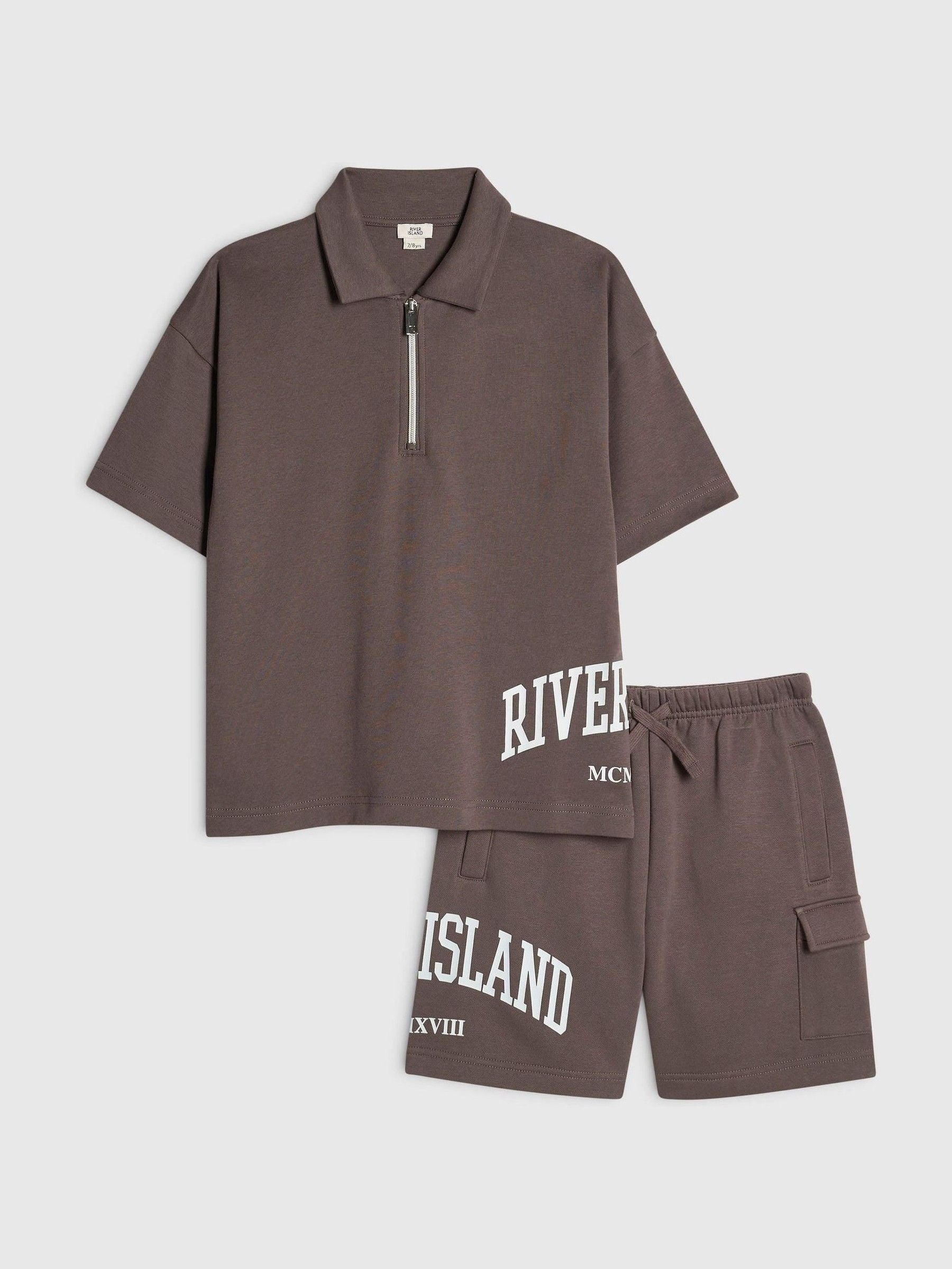 Dsiney Kidz - River Island Brown River Varsity Polo Shirt & Shorts Set image 1