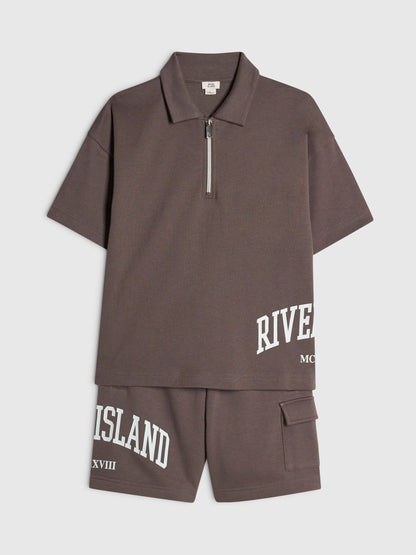 Dsiney Kidz - River Island Brown River Varsity Polo Shirt & Shorts Set image 3