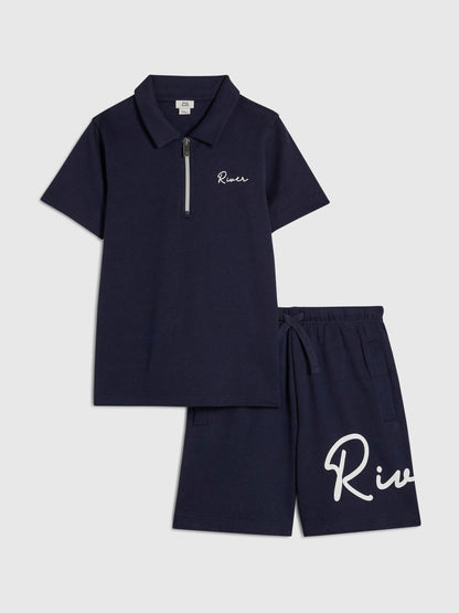 Dsiney Kidz - River Island Blue River Logo Polo Shirt & Shorts Set image 1