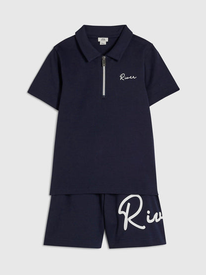 Dsiney Kidz - River Island Blue River Logo Polo Shirt & Shorts Set image 3