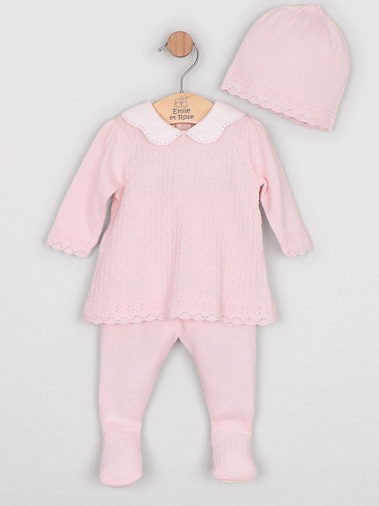 Dsiney Kidz - Emile Et Rose Pink Minny - Knitted Two-Piece With Large Embroidered Collar, Foot-in Leggings & Hat Set image 2