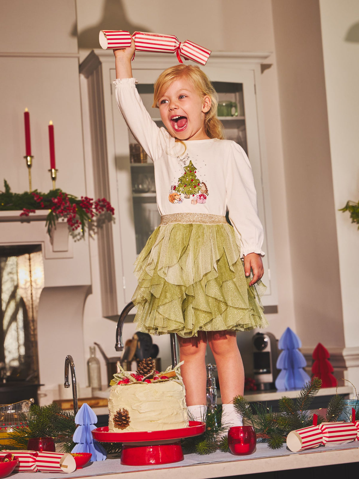 JoJo Maman Bébé Olive Green Christmas Tree Tulle Skirt & Top Set - image 1