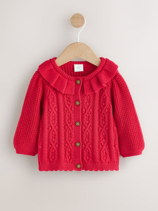 Red Frill Collar Knitted Baby Cardigan (0mths-2yrs)