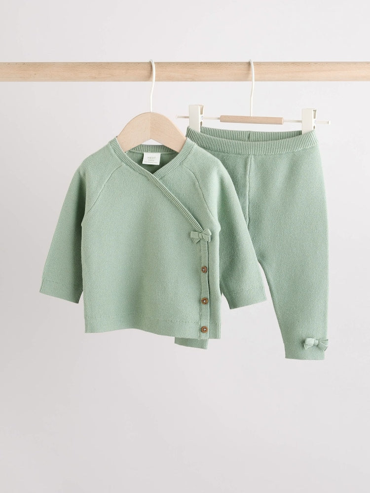 Sage Green Baby Knitted Wrap Jumper and Leggings 2 Piece Set (0mths-2yrs)