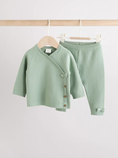 Sage Green Baby Knitted Wrap Jumper and Leggings 2 Piece Set (0mths-2yrs)