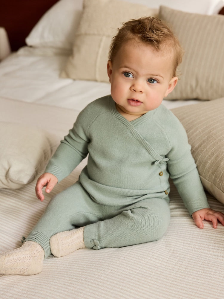 Sage Green Baby Knitted Wrap Jumper and Leggings 2 Piece Set (0mths-2yrs)