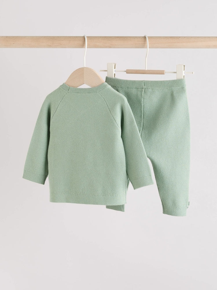 Sage Green Baby Knitted Wrap Jumper and Leggings 2 Piece Set (0mths-2yrs)