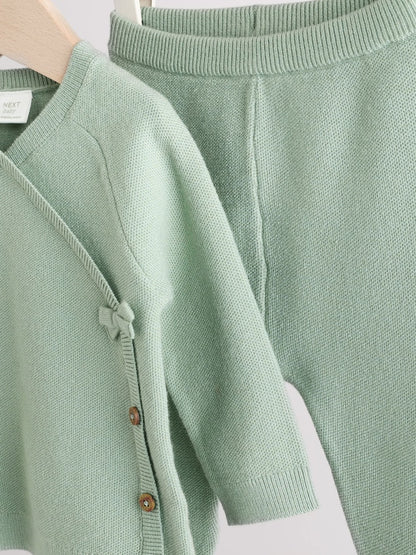 Sage Green Baby Knitted Wrap Jumper and Leggings 2 Piece Set (0mths-2yrs)