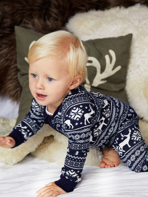 The Little Tailor Blue Baby 100% Cotton Reindeer Christmas Fairisle Pattern All-In-One image 1