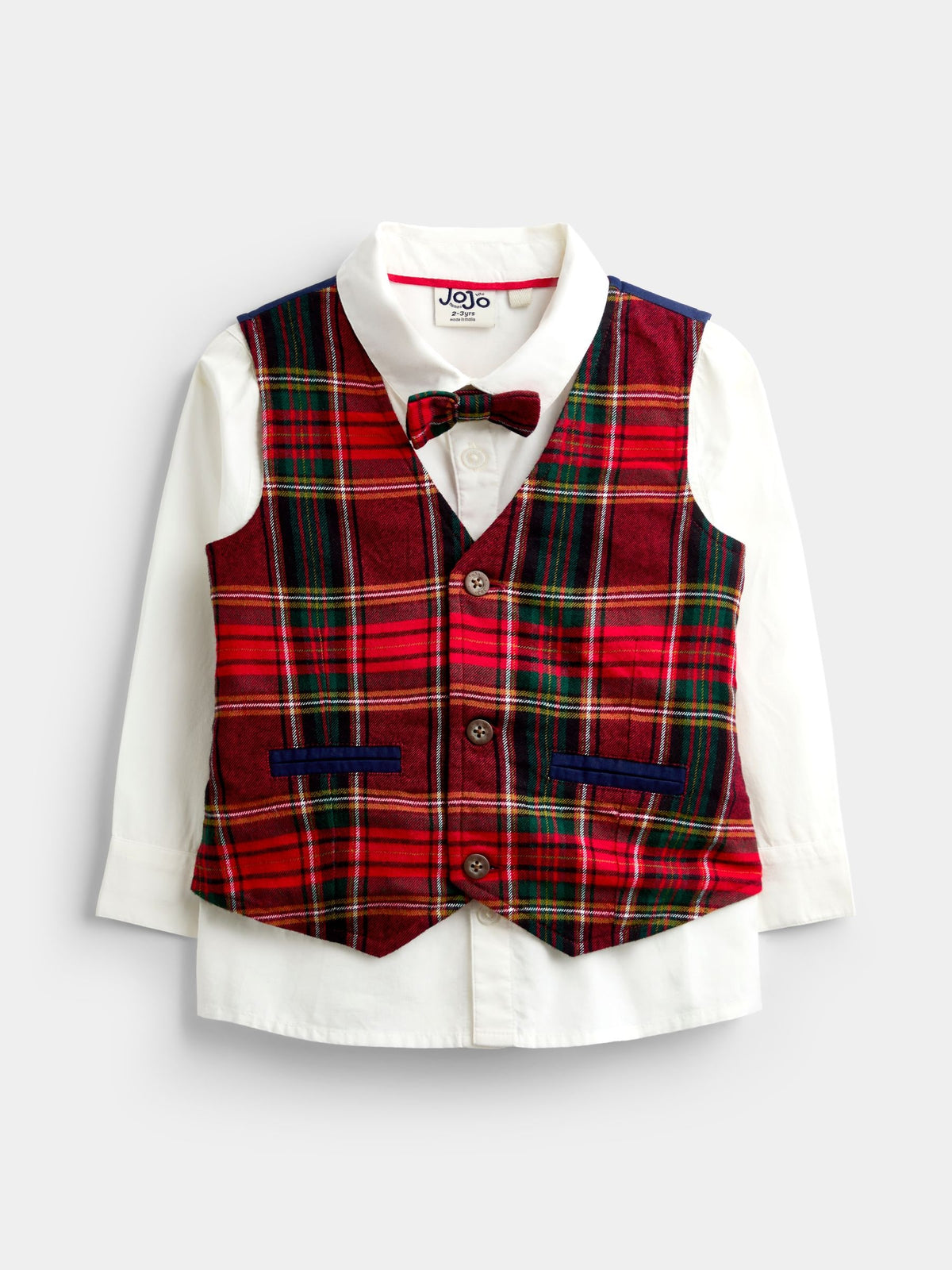 JoJo Maman Bébé Dark Red Tartan 3-Piece Bow Tie Waistcoat & Shirt Set - image 1