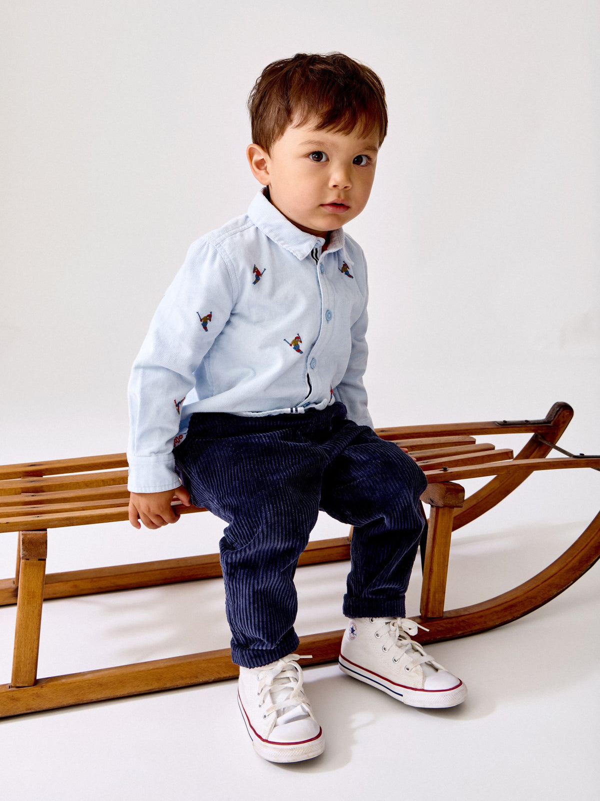JoJo Maman Bébé Light Blue Skiers Ski Embroidery Cord Shirt - image 1