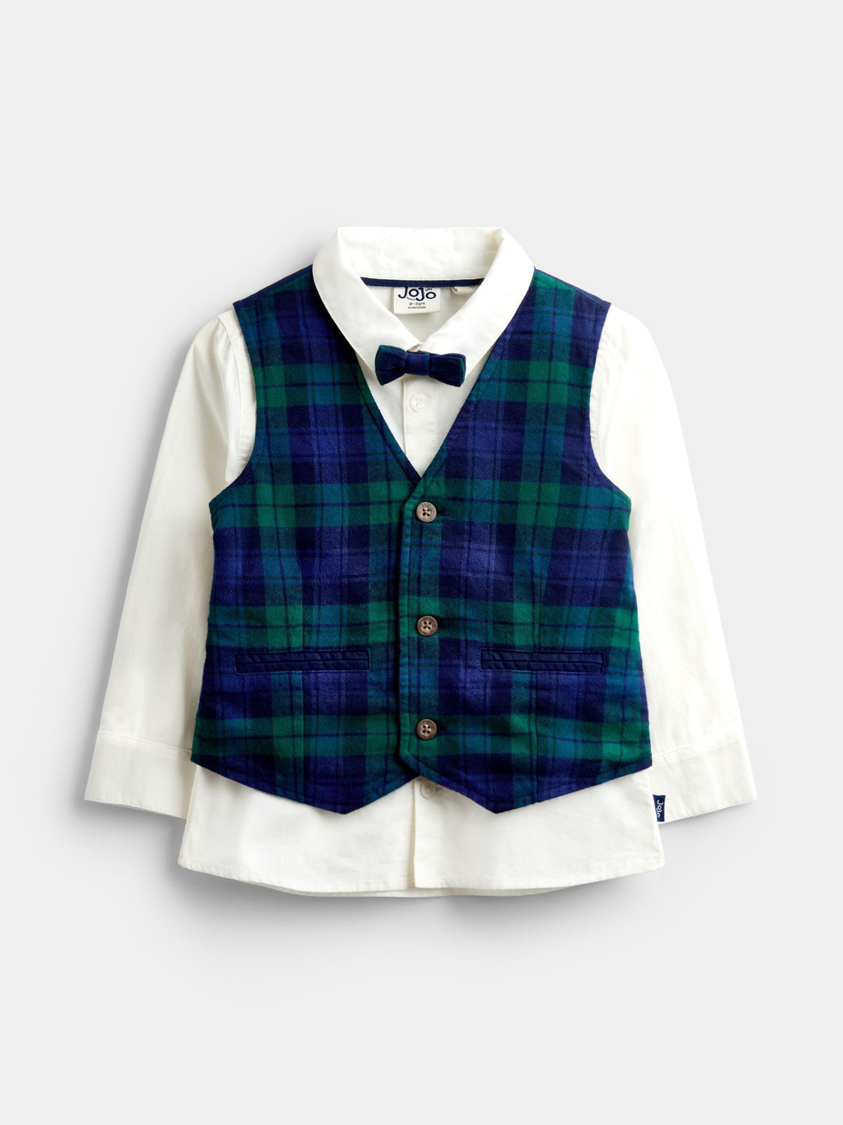 JoJo Maman Bébé Navy Blue Tartan 3-Piece Bow Tie Waistcoat & Shirt Set - image 1
