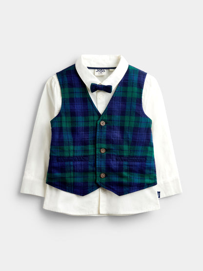 JoJo Maman Bébé Navy Blue Tartan 3-Piece Bow Tie Waistcoat & Shirt Set - image 1
