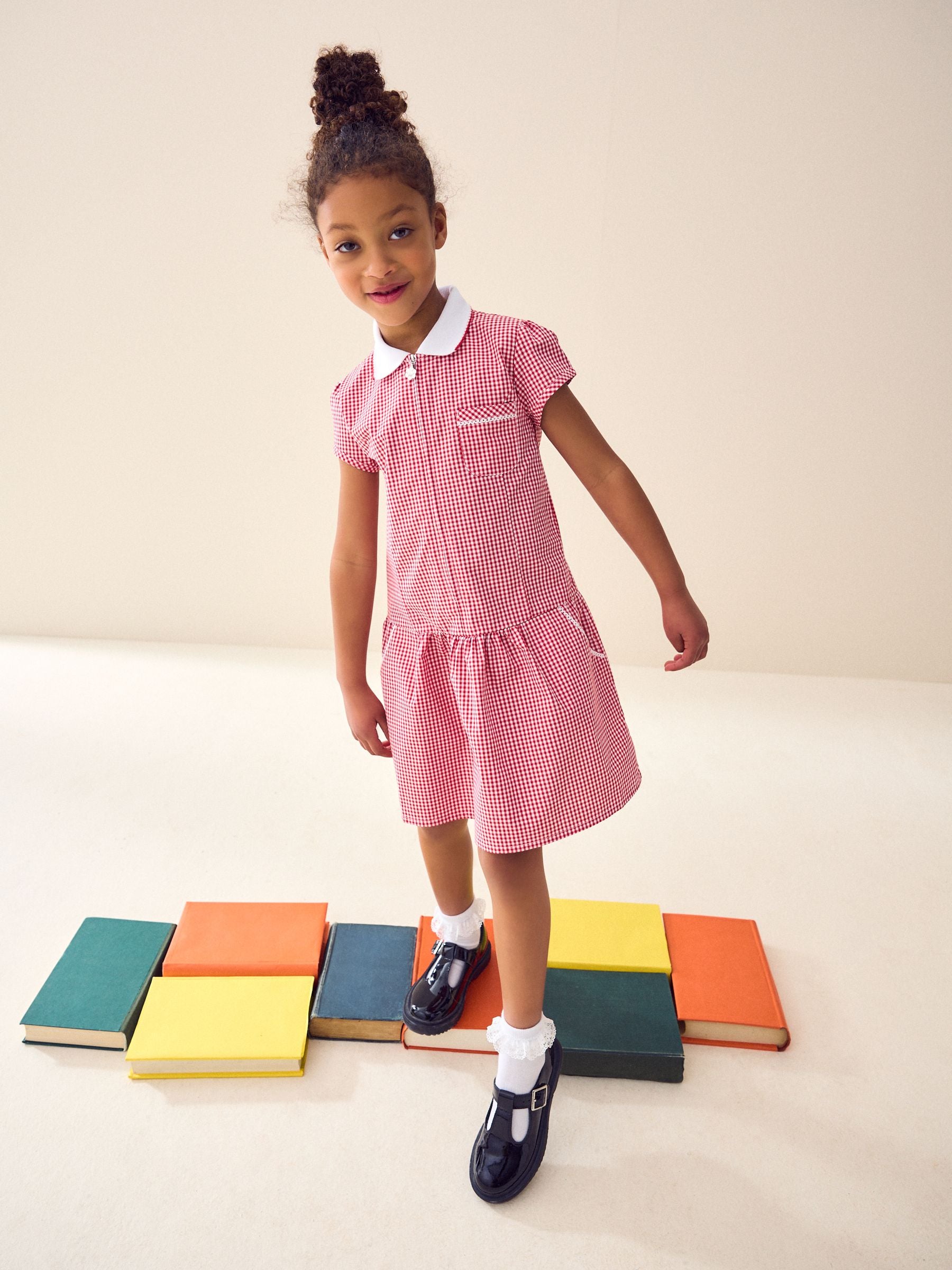 Red Zip Front Cotton Rich Gingham School Dress (3-14yrs) image 1