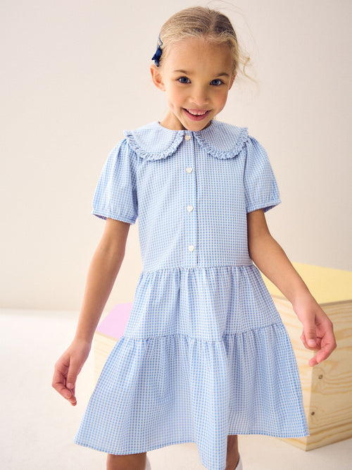 Dsiney Kidz - Blue Cotton Rich School Gingham Tiered Pretty Collar Dress (3-14yrs) image 1