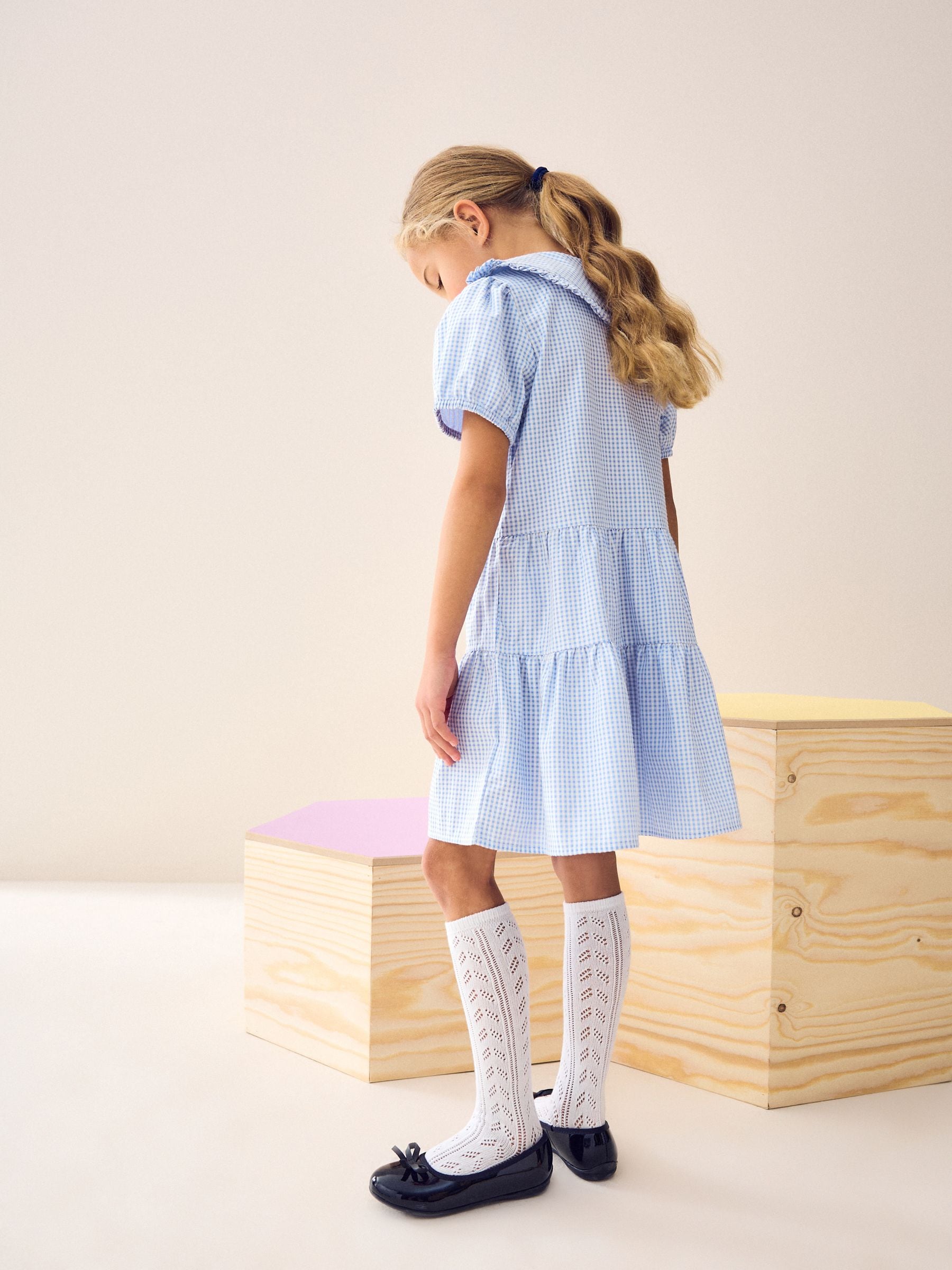 Blue Cotton Rich School Gingham Tiered Pretty Collar Dress (3-14yrs) image 4
