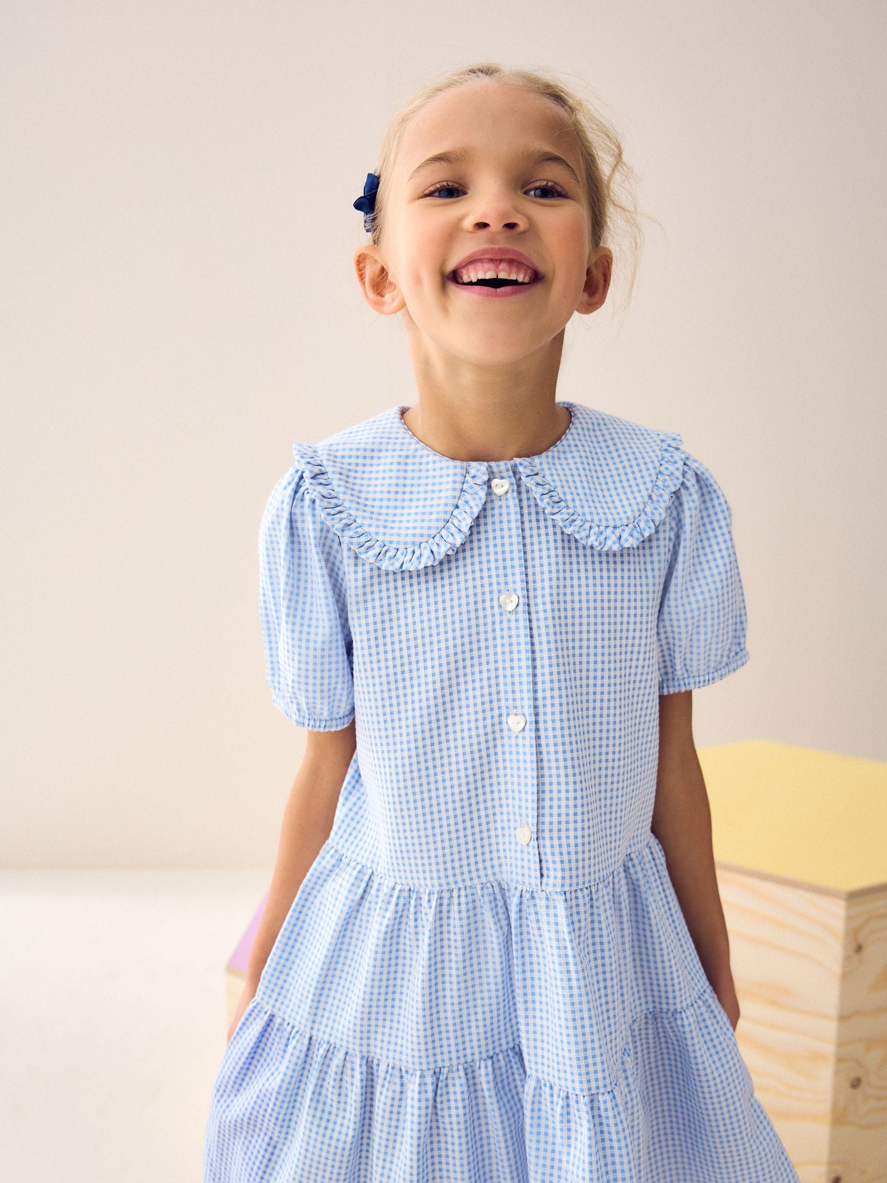 Blue Cotton Rich School Gingham Tiered Pretty Collar Dress (3-14yrs) image 5