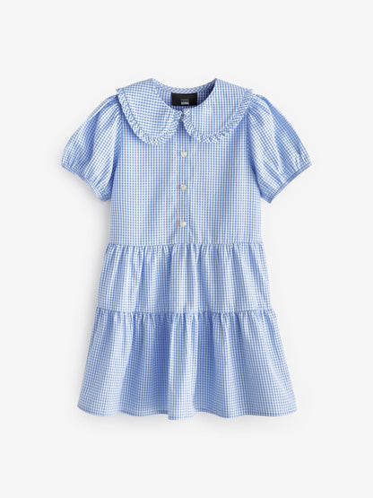 Blue Cotton Rich School Gingham Tiered Pretty Collar Dress (3-14yrs) image 6