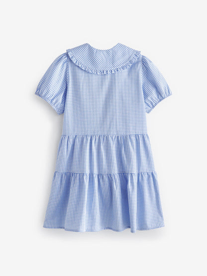 Blue Cotton Rich School Gingham Tiered Pretty Collar Dress (3-14yrs) image 7