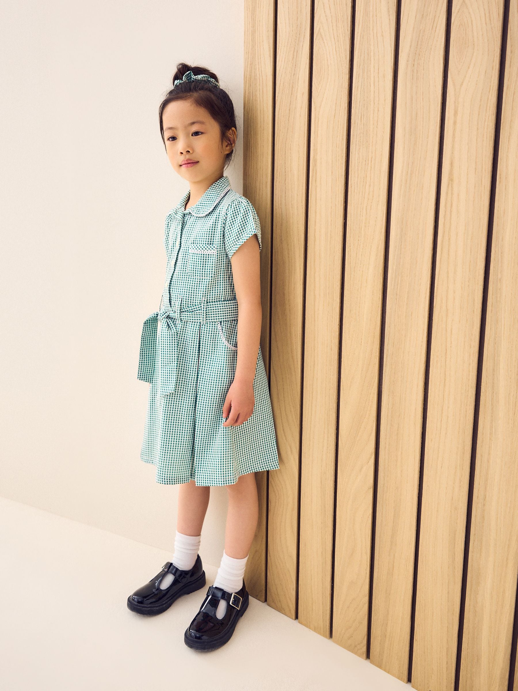 Green Gingham Cotton Rich Belted School Dress with Scrunchie (3-14yrs) image 1