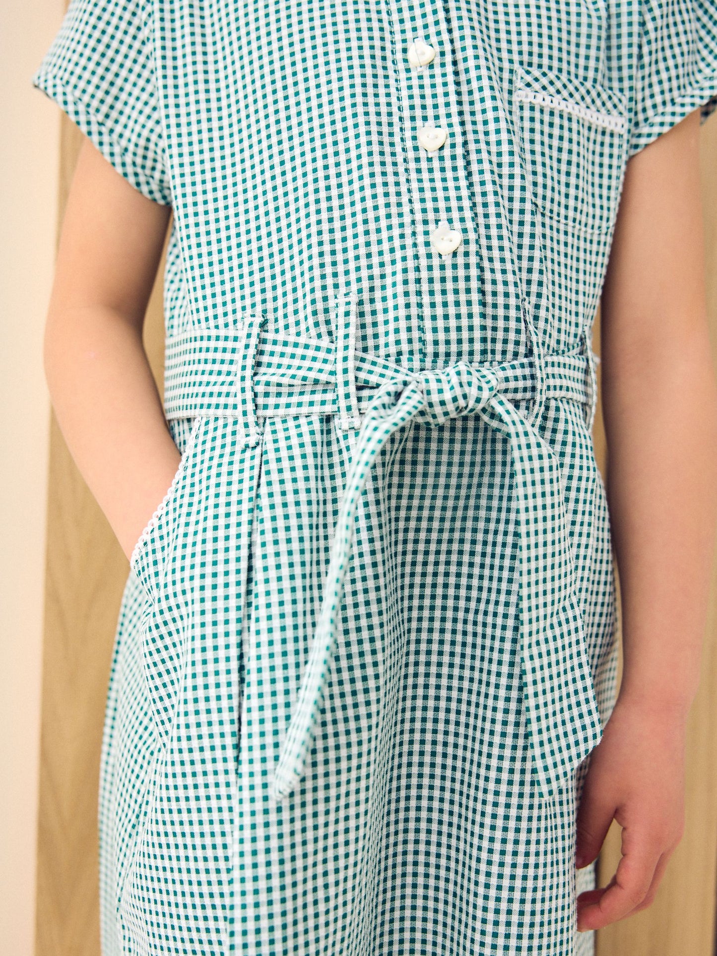 Green Gingham Cotton Rich Belted School Dress with Scrunchie (3-14yrs) image 2
