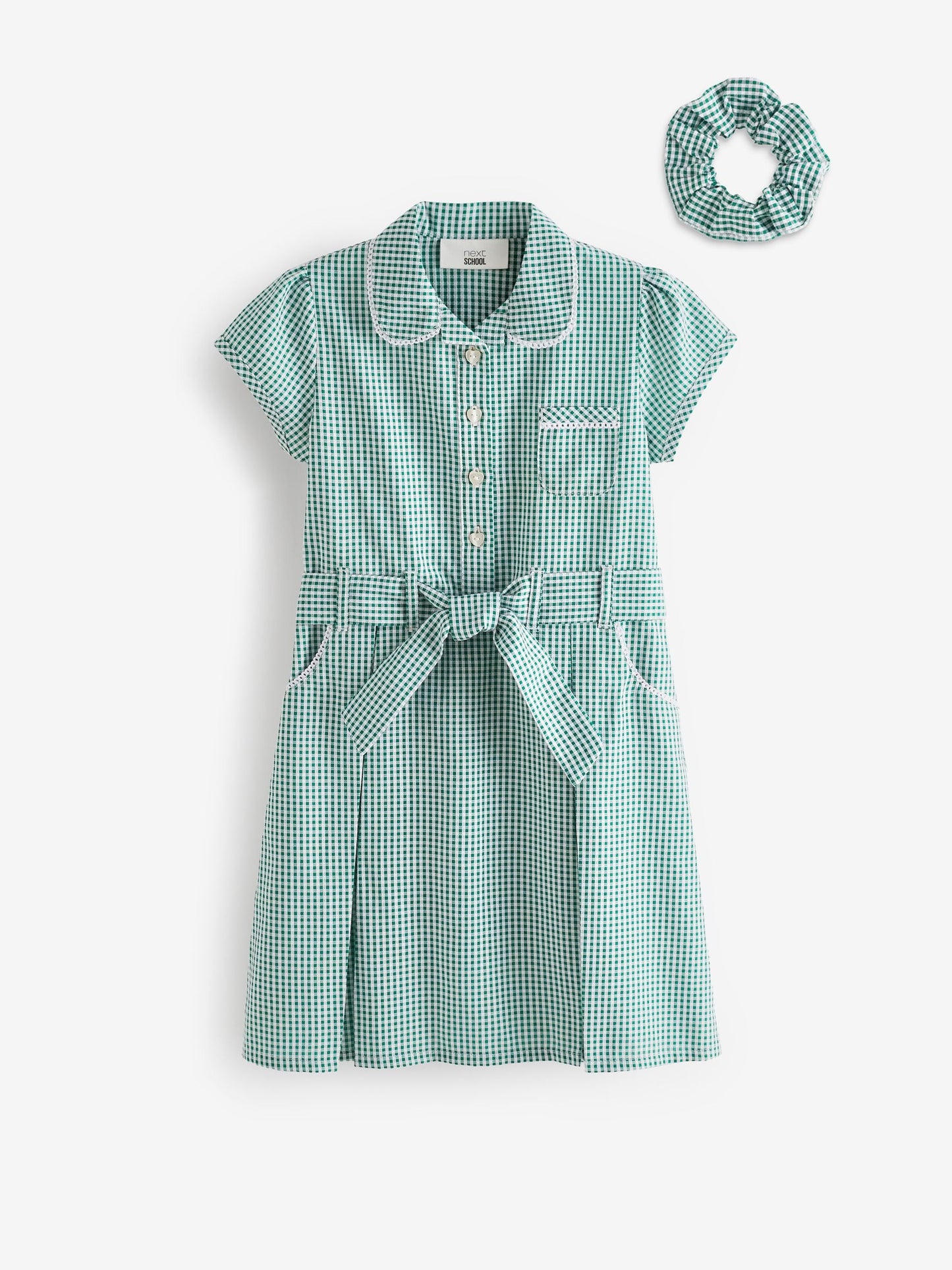 Green Gingham Cotton Rich Belted School Dress with Scrunchie (3-14yrs) image 5