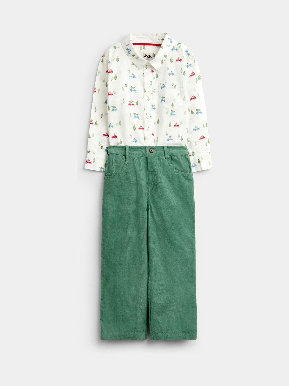 Dsiney Kidz - JoJo Maman Bébé Dark Green Christmas Car Print Shirt & Cord Trousers Set image 1